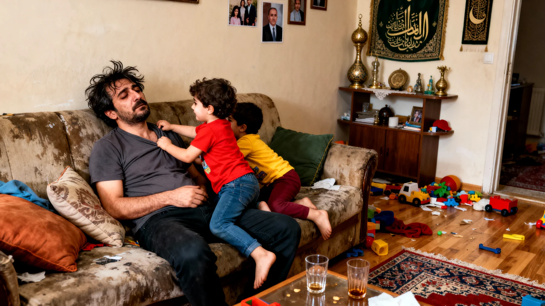 Baba, küçük çocuklarına hayır demekte zorlanıyor ve bu durum evde tutarsız sınırlar ve çocukların aşırı taleplerde bulunmasına yol açıyor"